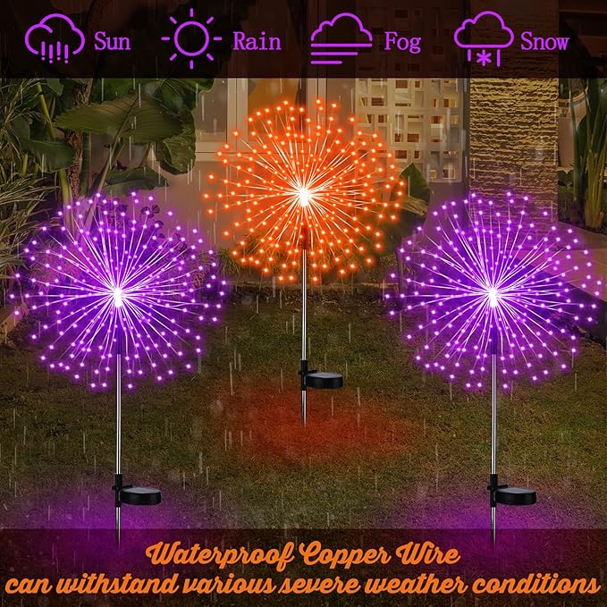 6 Pcs Easter Solar Firework Stake Lights 180 LED 8 Modes Solar Waterproof LED Sparkler Lights Outdoor Decoration for Christmas Holiday Garden Patio Yard Pathway Walkway Orange Purple