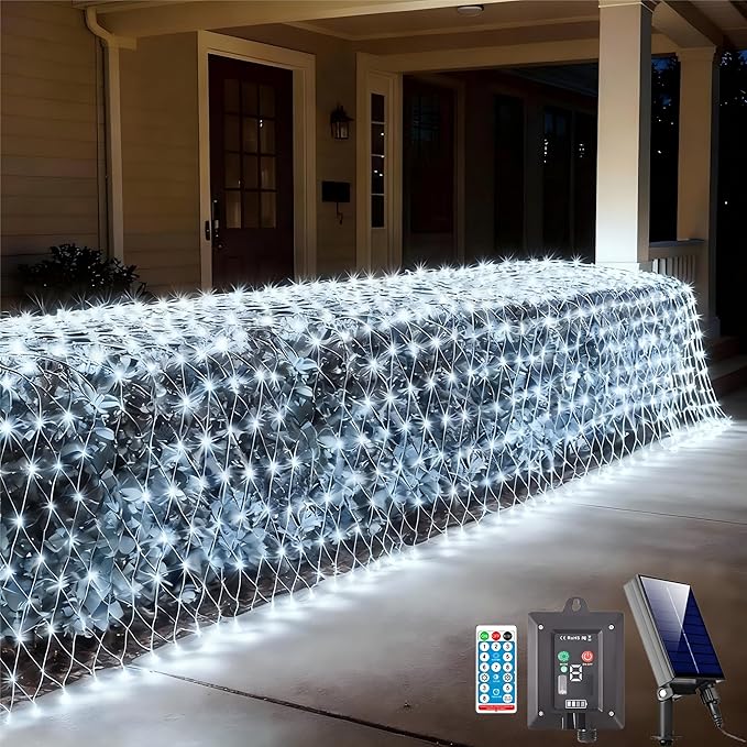 11.5FT x 5FT Solar Christmas Net Lights Outdoor with Remote 240 LED USB Cool White Mesh Lights for Bushes Waterproof 8 Modes Green Wire Christmas Trees Light Patio Indoor Decor