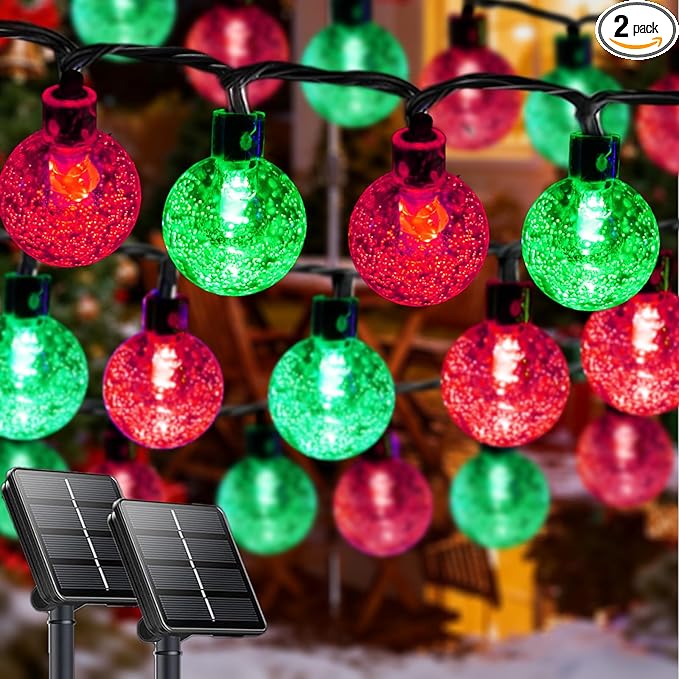 2-Pack 100 LED Red and Green Solar String Lights Outdoor - 64FT Crystal Globe Waterproof Solar Lights for Outside with 8 Lighting Modes for Patio Decorations Garden Wedding Party Porch Tree