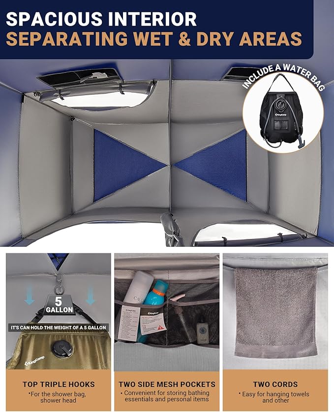 KingCamp Camping Shower Tent Portable Outdoor Privacy Toilet &amp Changing Tent Windproof &amp Waterproof Easy Setup 1 or 2 Room Shelter with Shower Bag for Camping Hiking Beach