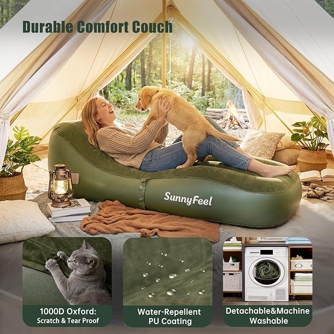 SUNNYFEEL Inflatable Lounge Chair with Built-in Pump Heavy Duty PVC Flocked Inflatable Sofa for Adults Portable Air Lounger for Camping Beach Home &amp Outdoor Army Green