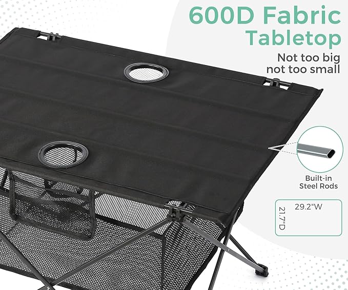 Lightweight Camping Table - Portable Folding Beach Side Table w/2 Cup Holders &amp Large Storage Basket Compact Fold for Tailgate Travel Outdoor Fishing Picnic | 29.2 W x 21.7 D (Black)