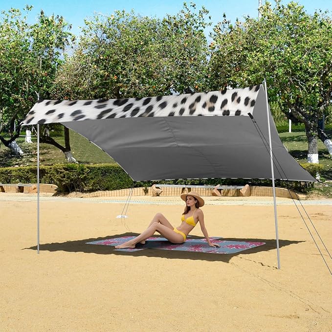 Snow Leopard Print Beach Tent Sun Shelter 9.2' x 10.5' Beach Canopy with 4 Sandbags 4 Stability Poles Sand Shovels - Tent Canopy for Beach Camping Fishing Picnics