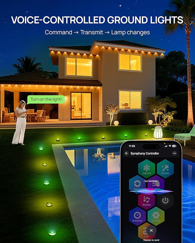 VCOKEN Christmas Pathway Lights 50FT with Smart 15 LED RGBWW Outdoor Ground Lights with App Control DIY Scene Modes IP65 Waterproof Walkway Light for Yard Walkway Driveway Garden Decor