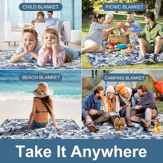Blue and White Chinese Style Chinoiserie Folk Waterproof Outdoor Picnic Blanket Sandproof Beach Mat for Camping Hiking Grass Travelling