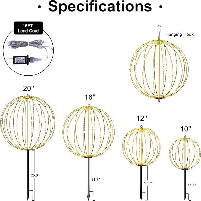 LIGHTSHARE 12IN 96LED Light Ball Yard Decoration Pathway Lights Sphere Light with Fold Flat Metal Frame Indoor Outdoor Waterproof Garden Lights Plug in