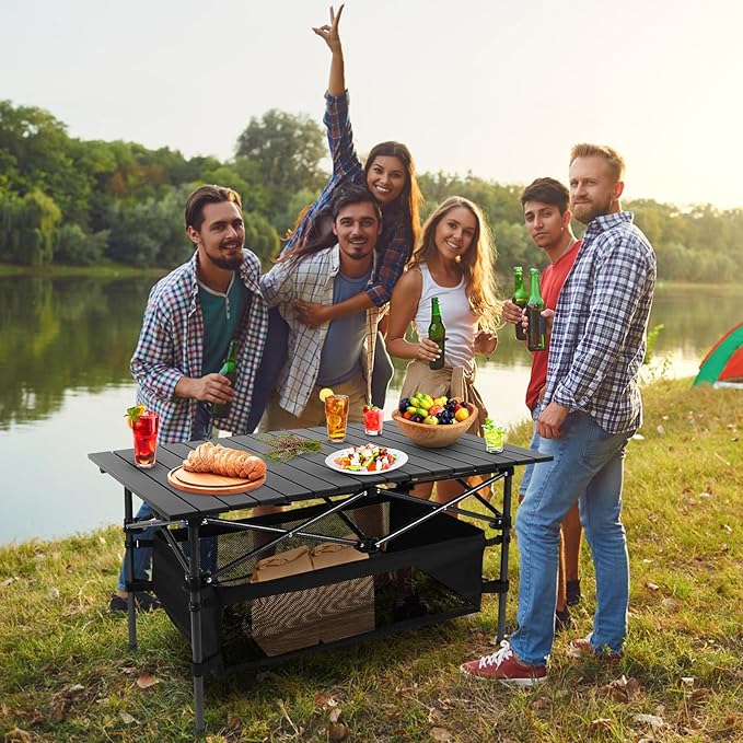 Portable Camping Table Outdoor Folding Table with Basket Storage and Carrying Bag Ultralight Aluminum Alloy Roll-up Top Design for Camping Picnic BBQ Beach Party