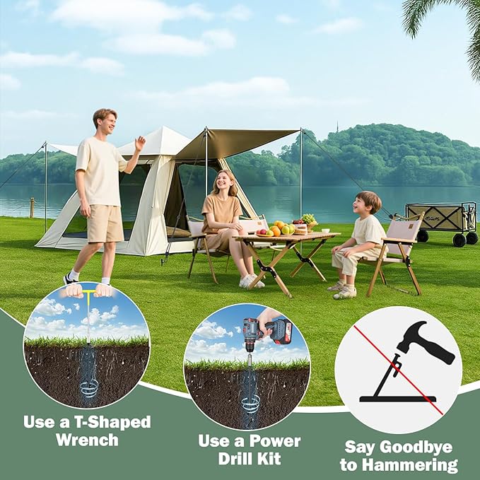 Tinnmao 4-Pack 17.7 Tent Stakes Heavy Duty with 8 Ratchet Tie Down Straps (1/8 φ) Kit for High Wind 8mm Solid Steel Spiral Ground Anchors Screw in for Tarp | Canopy | Sand Beach Camping Tent