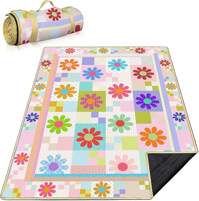 Daisy Picnic Blankets Waterproof Foldable 60″X80″ Packable Picnic Mat Sunflower Outdoor Blanket for Grass Large Beach Blanket Sandproof Picnic Accessories for Camping Music Festival Park Lawn Travel