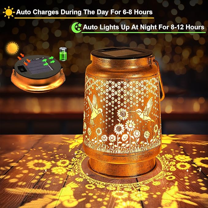 2 Pack Hummingbird Solar Lanterns Outdoor Garden Decor Gifts for Women Mom Grandma Birthday Hanging Metal Solar Lights Waterproof LED Decoration with Shepherd Hook Outside for Yard Patio Lawn Porch