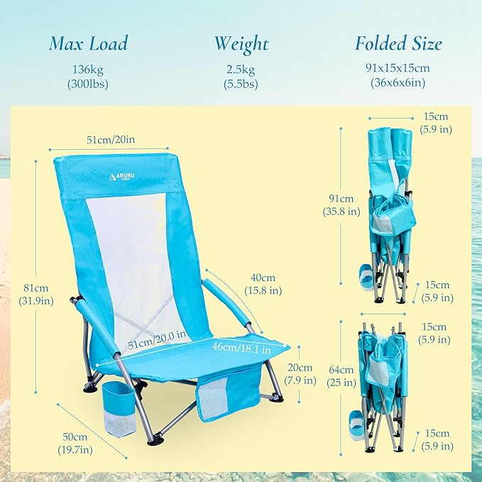 Low Beach Chairs for Adults 2 Pack High BackFolding Portable Sling Beach Camping Chair with Cup HolderLightweight Foldable Camp Lawn Chair for Outdoor Sand Concert Travel Sport Events