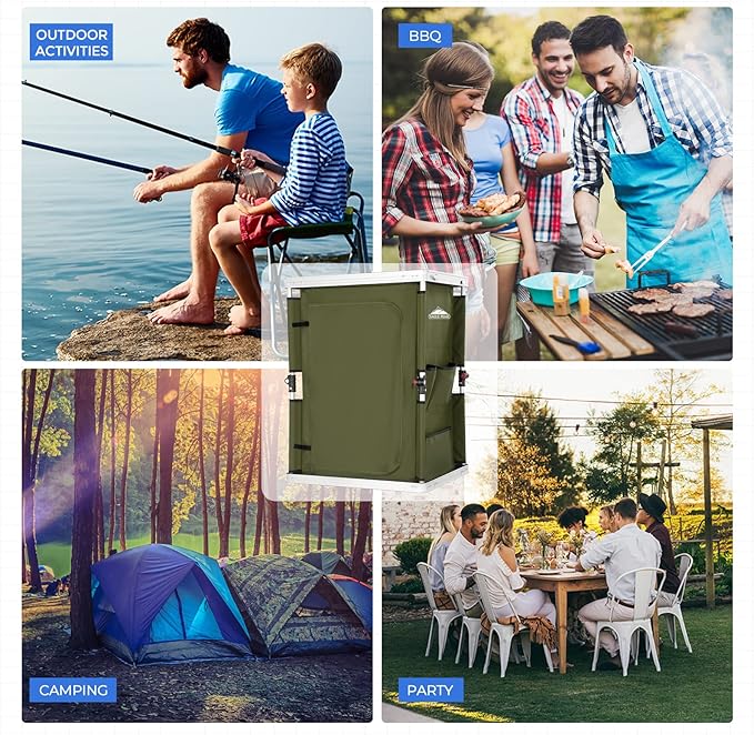 EAGLE PEAK Outdoor Folding Camping Table with Large 3-Tier Storage Organizer and Side Pockets Easy Set Up Portable Aluminum Camping Kitchen Green