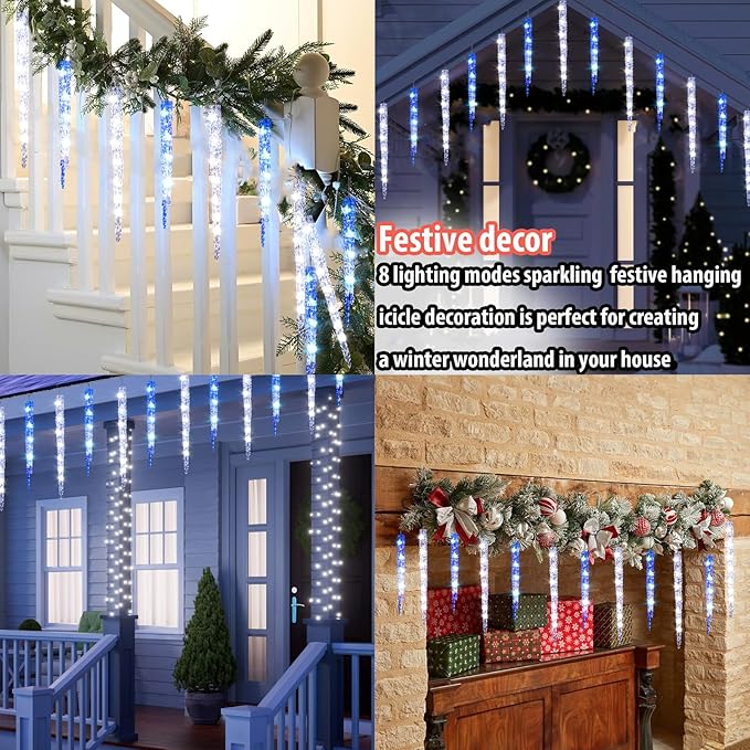 Blue and White Icicle Lights for Outside Christmas Lights Outdoor with 20 Large Tubes 29FT 8 Modes with Timer Connectable Meteor Shower Light for Eave Roofline Tree Decoration