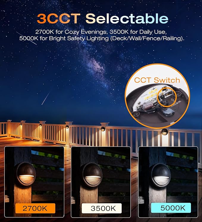 CLOUDY BAY [6 Pack] 3CCT Low Voltage LED Deck Lights Outdoor2700K/3500K/5000K SelectableLandscape Step Stair Railing Fence Light Wired3W12V-24V AC/DCBronze Finish