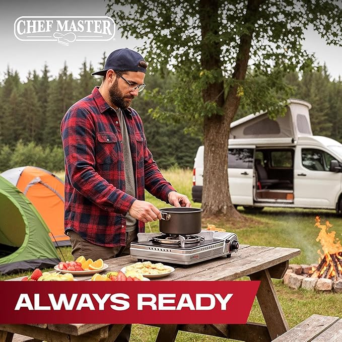 Grill Boss Dual Fuel Camp Stove - 12000 BTU Butane &amp Propane Portable Stoves for Camping Emergencies BBQ Hiking &amp Backpacking - Double Wind Guard Instant Piezo Ignition System - 90057