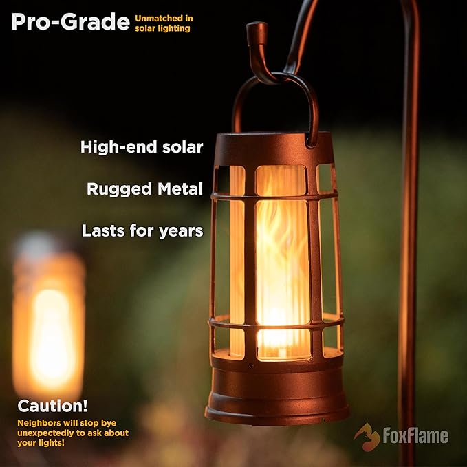 FoxFlame Metal Outdoor Solar LanternFlickering Solar Lanterns Outdoor Waterproof with Patented LEDOutdoor Lanterns for PorchPatioGardenTabletopHanging UseMatte Black(2 Pack)