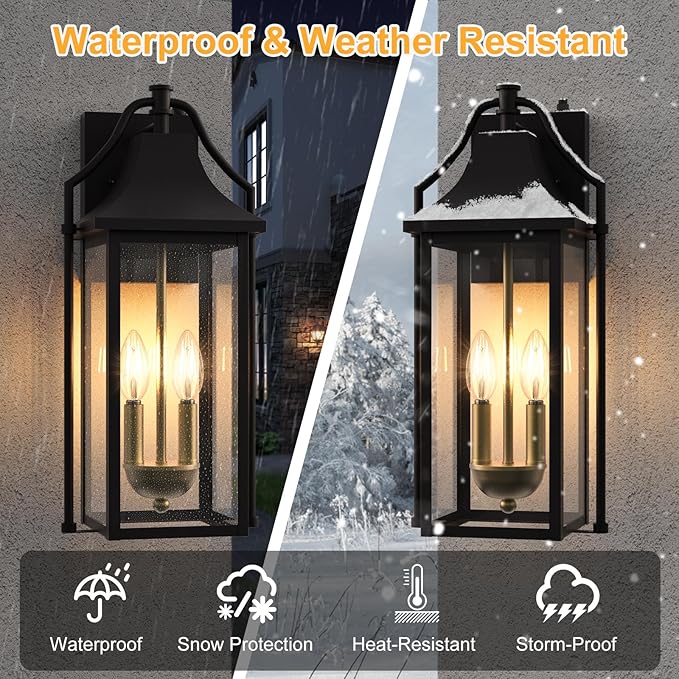 𝟏𝟖𝑰𝑵 Outdoor Wall Sconce Fixture Dusk to Dawn Patio Lights Waterproof Exterior Lanterns 2-Light Modern Wall Lights Mounted with Glass Black Outside Light for House Front Door Decor