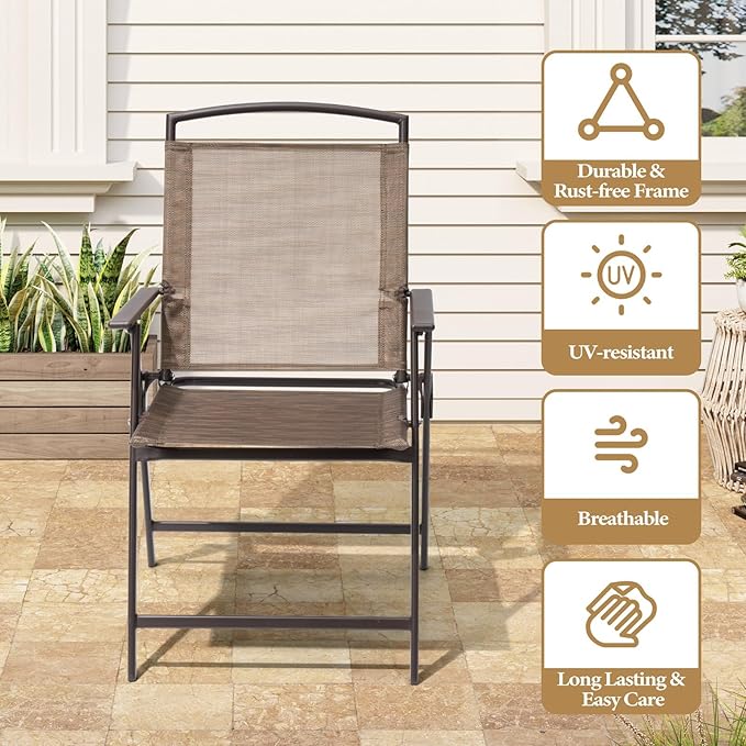 Crestlive Products Set of 4 Patio Folding Chairs 4-Pack Dining Chairs Outdoor Portable Sling with Armrest for Camping Beach Garden Pool Backyard Deck (Brown)