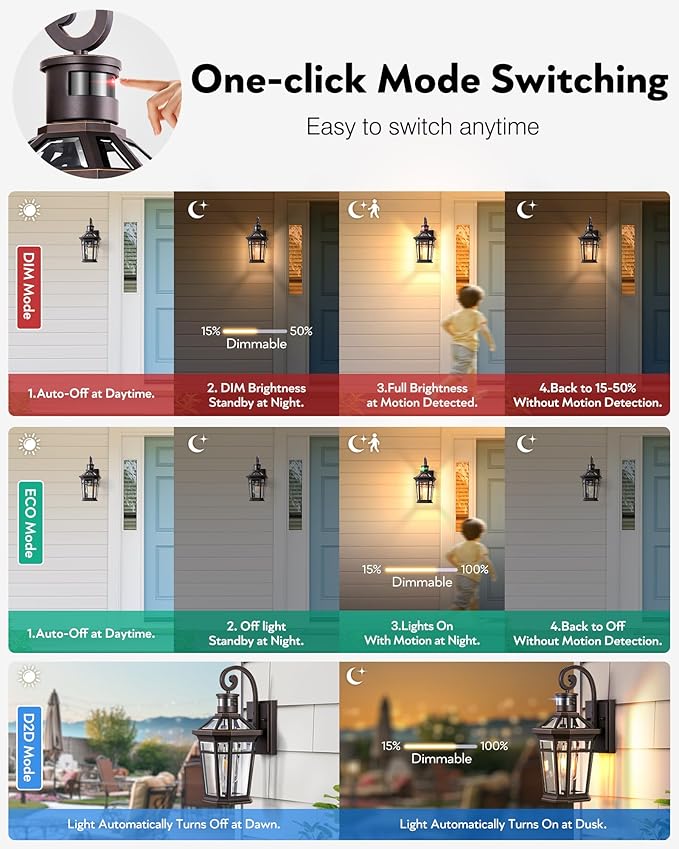 Motion Sensor Porch Lights Outdoor Wall Mount Oil Rubbed Bronze Exterior Wall Sconce Lantern with E26 Socket Waterproof Dusk to Dawn Outdoor Lighting Fixtures Coach Lights for Garage Patio