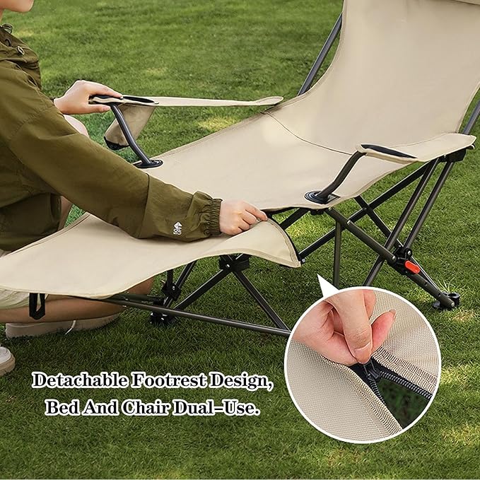 Folding Camping Chair with Armrests Portable Outdoor Lawn Chair with Detachable Headrest Lightweight Fishing Chair for Picnic Beach Lawn Balcony(Beigewith Footstool)