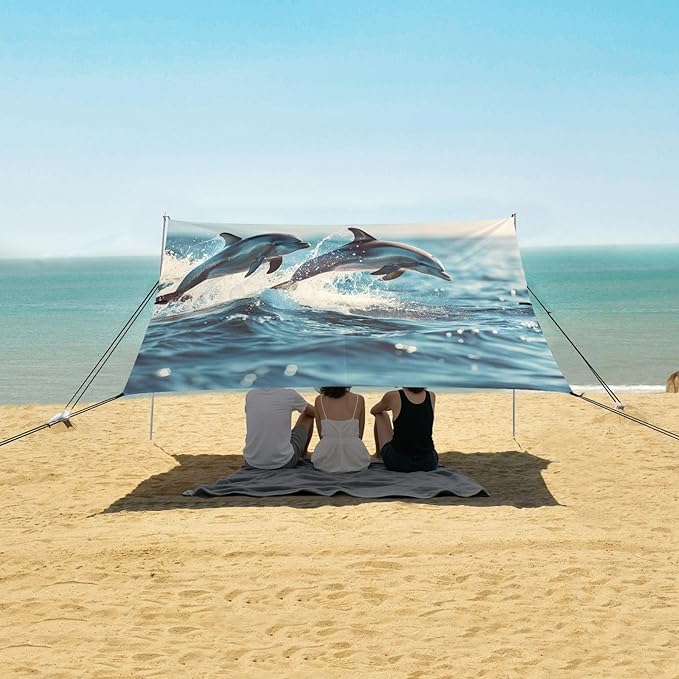 Dolphins Jumping Pattern Beach Tent Sun Shelter 9.2' x 10.5' Beach Canopy with 4 Sandbags 4 Stability Poles Sand Shovels - Tent Canopy for Beach Camping Fishing Picnics