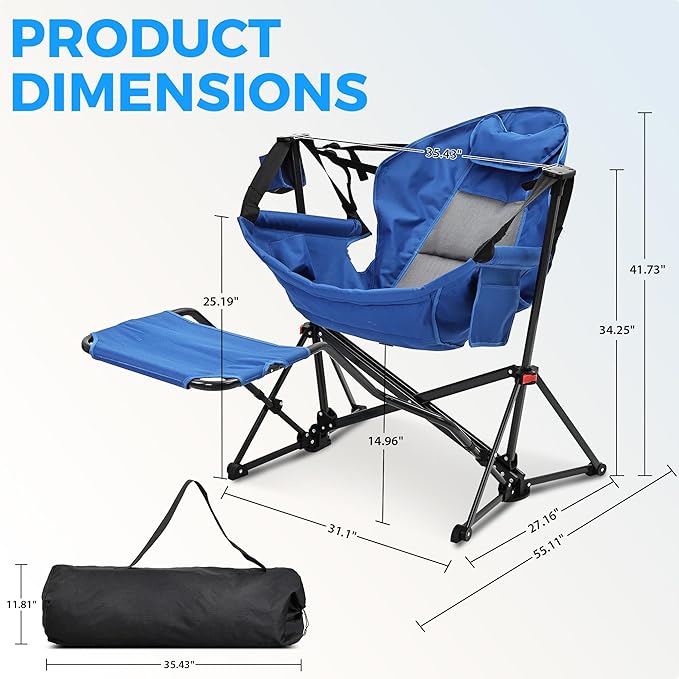 Ainfox Hammock Camping Chair with Footrest Heavy Duty Foldable Portable Rocking Hammock Chairs Outside Swinging Camp with Cup Holder Pillow for Outdoor Patio Poolside Blue 2 Pack