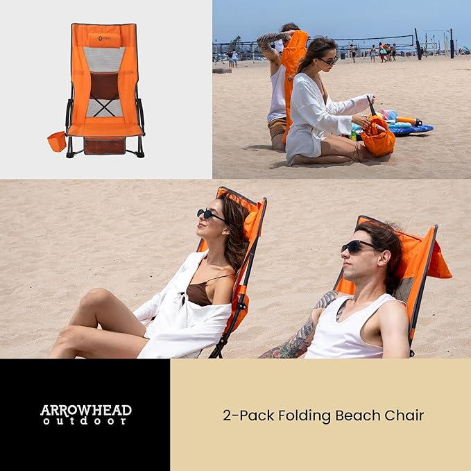 ARROWHEAD OUTDOOR 2-Pack Low Seating + 20° Reclining Folding Beach Chair w/Padded Headrest Foam Armrest Cup Holder Carry Bag 300 LBS Weight Capacity