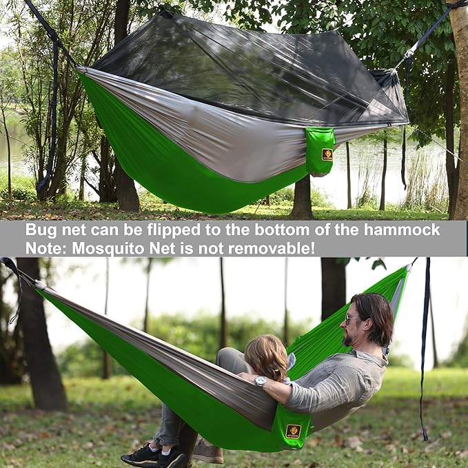 Camping Hammock with NetTravel Portable Lightweight Hammocks with Tree Straps and Solid D-Shape CarabinersParachute Nylon Hammock for Outsides Backpacking Beach Backyard Patio Hiking