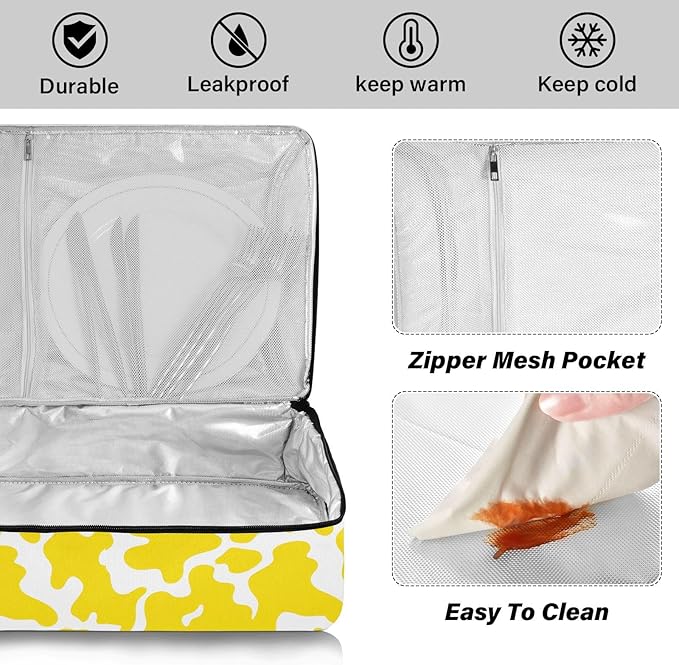 Casserole Carrier Yellow and White Cow Print PatternInsulated Casserole Carrier for Hot or Cold Food Thermal Lunch Tote for Potluck Parties Picnic Beach Fits 9 x 13 Inches Baking Dish