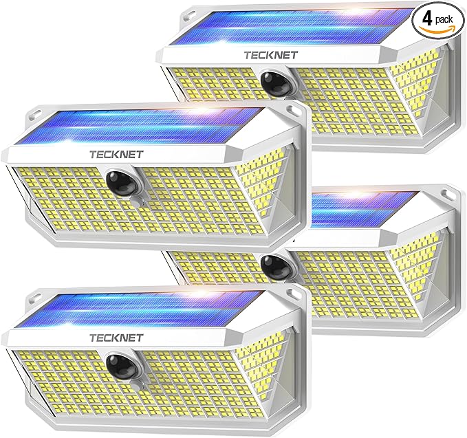 TECKNET 416 LED Solar Powered Outdoor Lights 270° Angle &amp 3 Lighting Modes Motion Sensor Light Outdoor Security Solar Lights Waterproof - 4 Pack White Cold Light