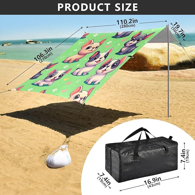 Cartoon French Bulldog Green Camping Sun Shelter Beach Tent Portable Beach Sun Shade Outdoor Canopy for Camping Trips Fishing Picnic