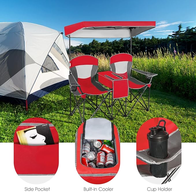Tangkula Loveseat Camping Chair with Adjustable Shade Canopy Portable Beach Chair with Cooler Bag 2 Cup Holders Carrying Bag Foldable Double Lawn Chair for Travel Fishing Picnic (Red)