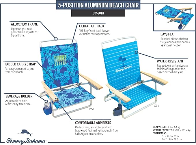 Tommy Bahama 5-Position Lay Flat Cup Holder and Towel Bar Beach Chair