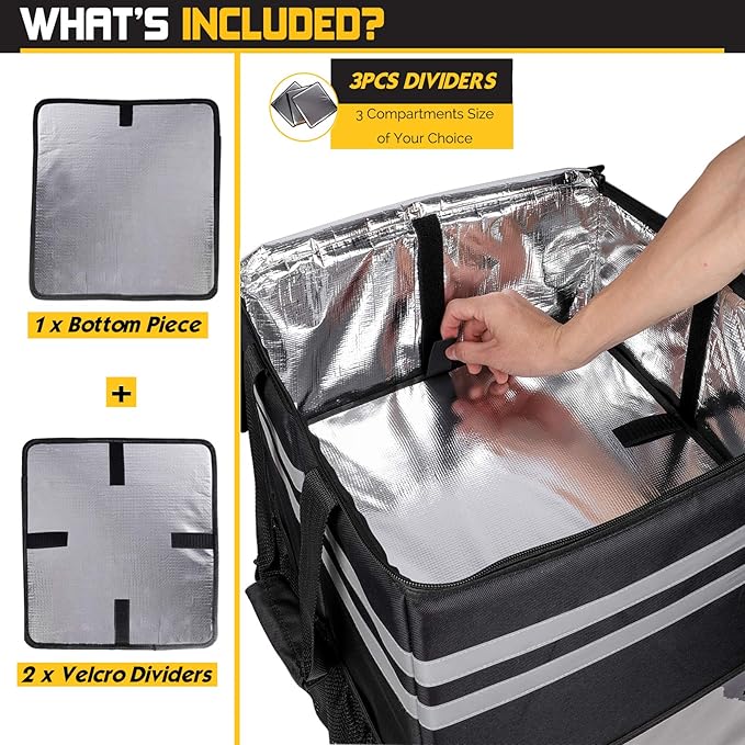 cherrboll XXL Insulated Pizza Delivery Backpack Thermal Food Delivery Bag with 3 Dividers Reusable Cooler Backpack for Bicycle Transport