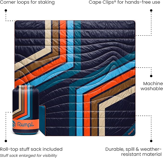 Rumpl Original Puffy 2-Person Blanket for Camping and Outdoors Midnight Retro Stripes