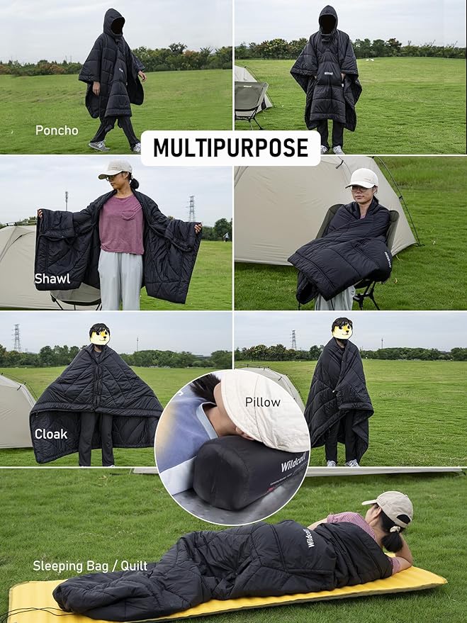 WildCall Hooded Camping Blanket with 3M Thinsulate Insulation Wearable Poncho Blanket Ultralight Foldable Quilt Sleeping Bag for Outdoor Hiking Stadium