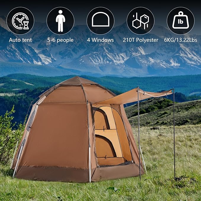 TUKAILAI Instant Camping Tent Hexagonal Design Automatic Dome Tent with 4 Mesh Windows and 1 Door Easy Setup Pop Up Tent with Vestibule &amp Rainfly