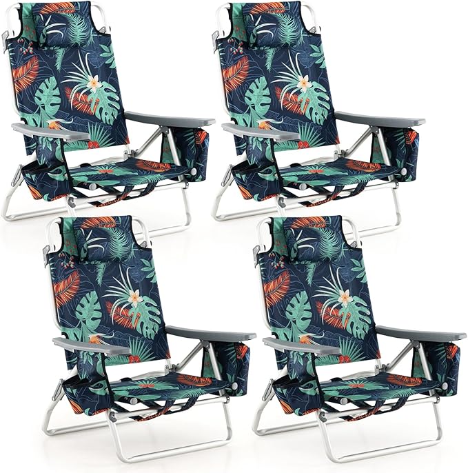 Tangkula Set of 4 Backpack Beach Chair 5-Position Lay Flat Beach Chairs with Cooler Bag 2 Cup Holders Towel Bar Lightweight Low Folding Beach Chair with Backpack Straps