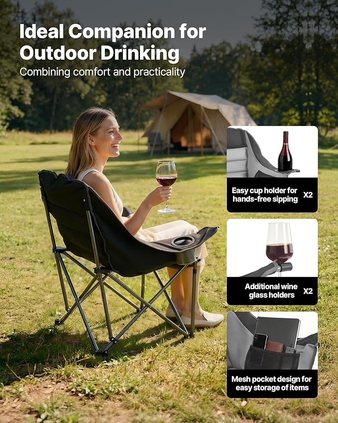 VEVOR Oversized Camping Chairs 450 lbs Heavy Duty Support Portable Padded Folding Camp Chairs with Dual Cup Holders &amp Wine Glass Holders Carry Bag for Outdoor Fishing Black &amp Gray 1 Pack