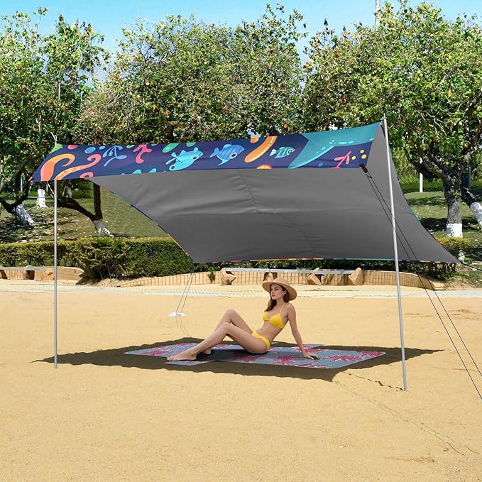 Cute Cartoon Undersea World Camping Sun Shelter Beach Tent Portable Beach Sun Shade Outdoor Canopy for Camping Trips Fishing Picnic