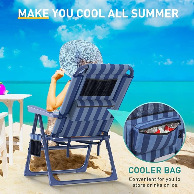 Slendor Backpack Beach Chair 6-Positions Beach Chairs for Adults with Cooler Bag Reclining Chair with Cup Holder Folding Camping Chair for Outside