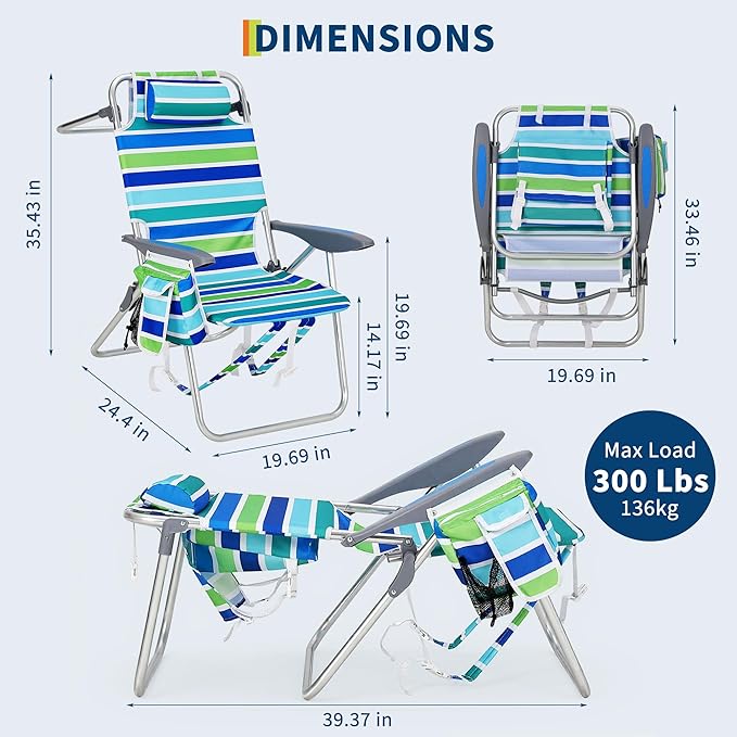 GarveeLife High Backpack Beach Chair for Adults 2 Pack Lightweight Portable Lay Flat Folding Beach Chair with 5 Positions Backpack Straps Phone Pocket Cup Holder Cooler Pouch &amp Towel Bar