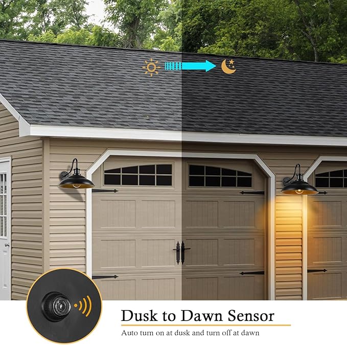 Dusk to Dawn Outdoor Barn Light Fixtures 16 Inch Dome Large Wall Sconce Farmhouse Exterior Wall Mount Light for House Garage Patio Doorway 2 Pack