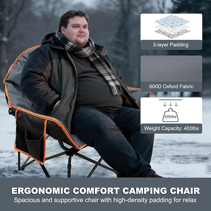 Oversized Heated Camping Chair for Adults(No Power Bank) Heavy Duty Camping ChairsHeated Chairs Outdoor SportsW/3 Control Levels for Back &amp Seat(Grey)