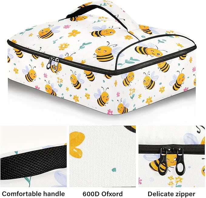Casserole Carrier Cute Pattern Bees and FlowersInsulated Casserole Carrier for Hot or Cold Food Thermal Lunch Tote for Potluck Parties Picnic Beach Fits 9 x 13 Inches Baking Dish
