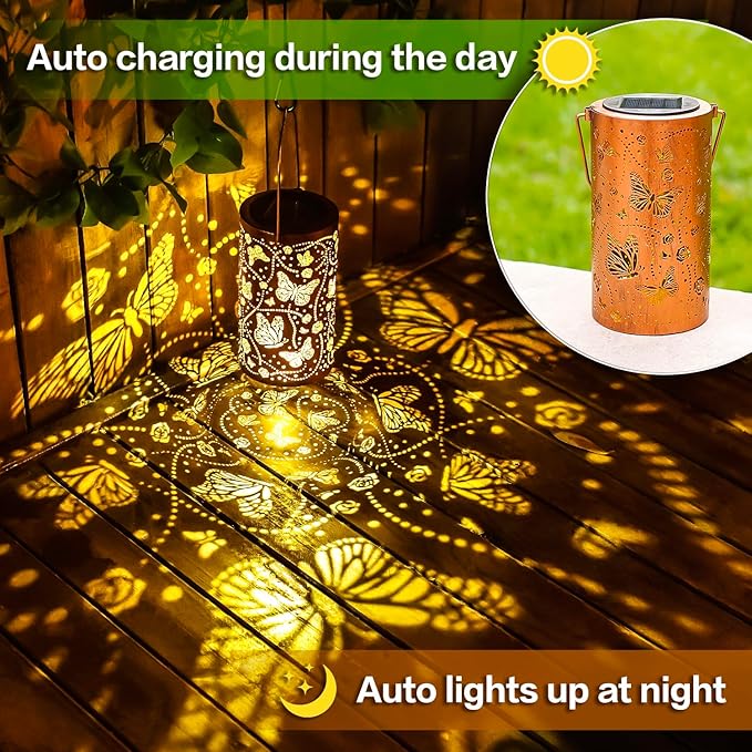 Butterfly Solar Lanterns Outdoor Waterproof Hanging Solar Lights Butterfly Gifts for Women Men Metal Decorative LED Lanterns for Garden DecorYardPatioLawnTabletopPathway