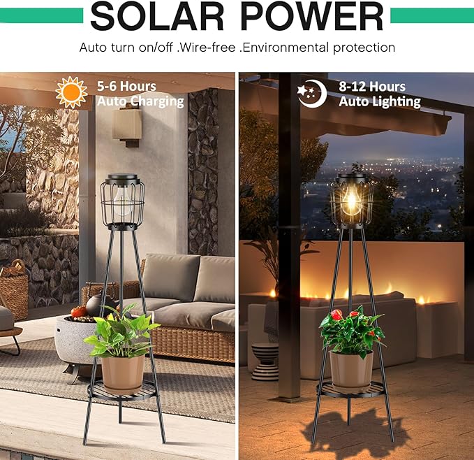 Solar Lights with Plant Stand Outdoor Floor Lamp Waterproof Solar LED Edison Bulb Light Flower Shelf for Patio Porch Deck Yard Garden Decor-1 Pack