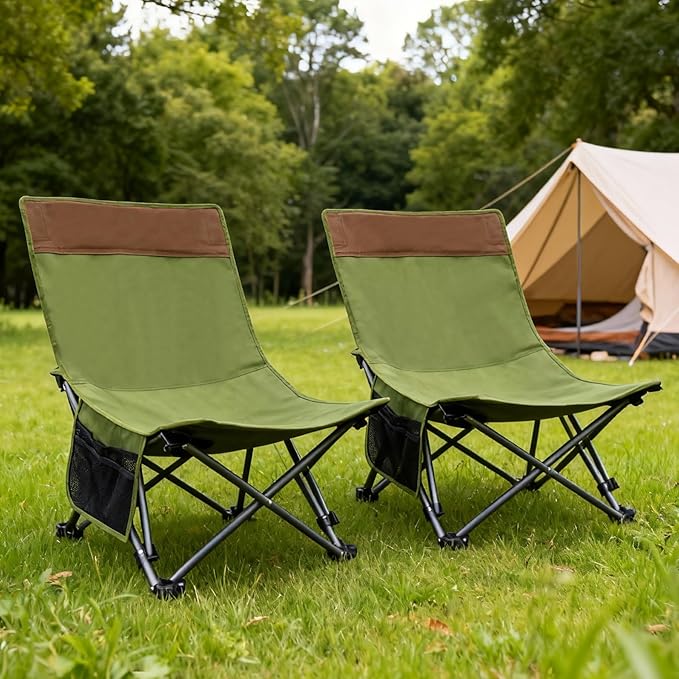 Compact Backpack Camping Chairs 2 Pack with Adjustable Backrest &amp Side Pocket Low Folding Chairs for Adults Portable Reclining Chairs for Outdoor Lawn Hiking
