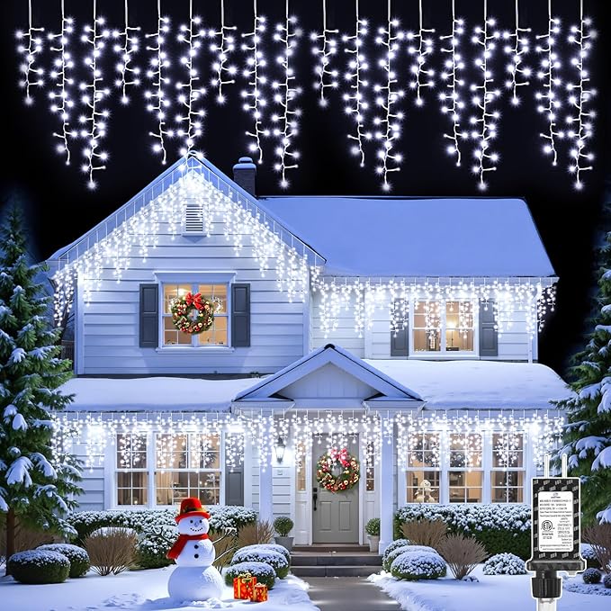 Brightown Icicle Christmas Lights Outdoor 33FT 1020 LED Cluster Icicle Lights with 51 Drops12 Mode Connectable Firecracker Light with Timer Waterproof Christmas Light Outdoor for House White
