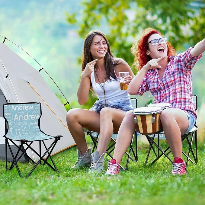 Sinestour Pale Blue Custom Folding Camping Chair for Teen Child Personalized Name 14.6×14.6in Portable Outdoor Chair with Carry Bag for Picnic Barbeques Beach